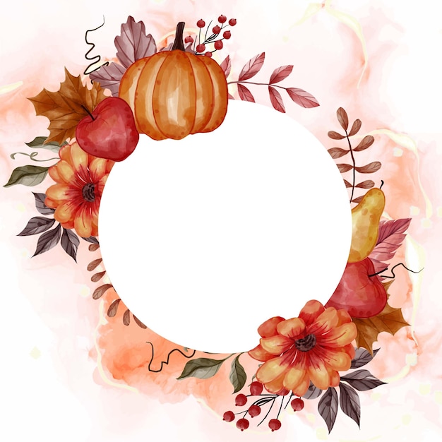 Autumn fall leaf, pumpkin, pear, and apple for background floral frame