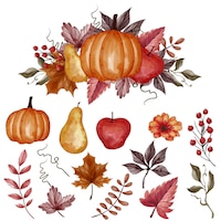 Autumn fall leaf, pumpkin, pear, and apple isolated clip-art