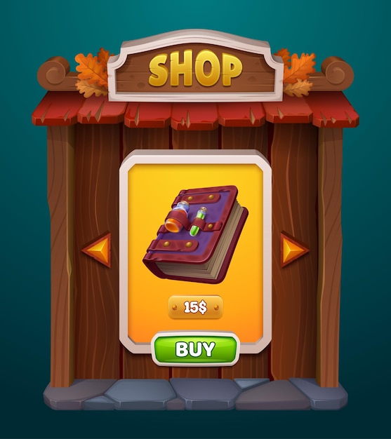 Free vector autumn fantasy game shop ui interface wood frame background gui buy button in fall store box for user navigation 2d medieval window board panel for mobile app wizard book of spell or potion for rpg