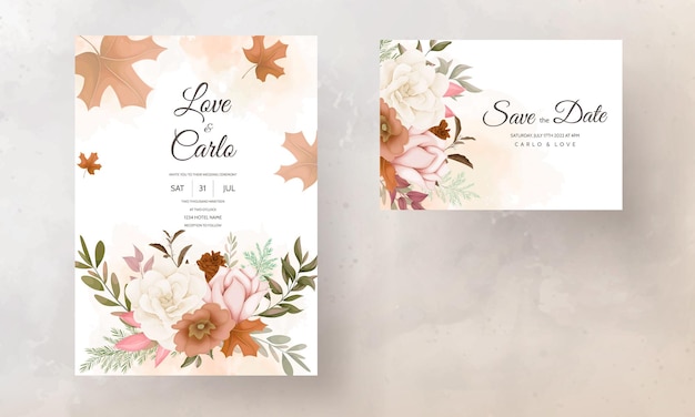 Autumn floral wedding invitation card with rose and pine flower