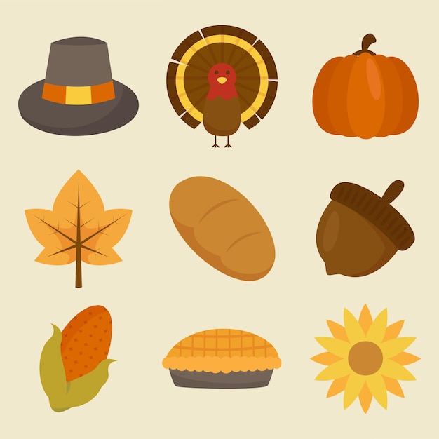 Autumn food set Bundle of seasonal food and drinks Pumpkin pie corn bread beverage symbols of fall Vector illustration