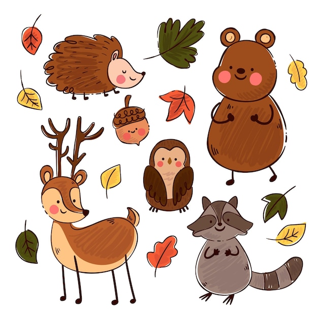 Autumn forest animals hand-drawn theme