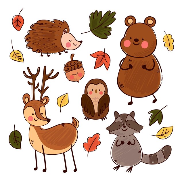 Autumn forest animals hand-drawn theme