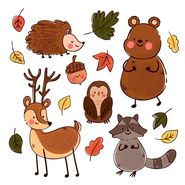 秋の森の動物手描きテーマ