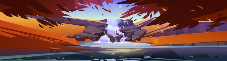 Free Vector autumn forest landscape with cascade waterfall