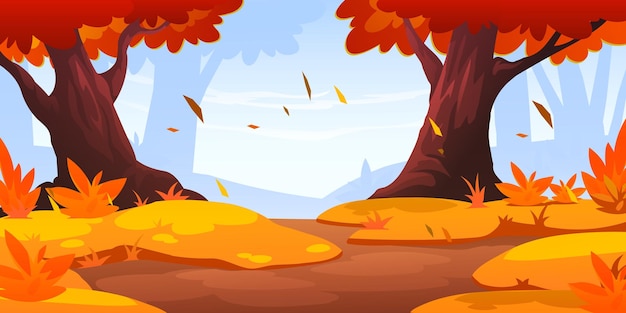 Free vector autumn forest landscape with orange tree and grass