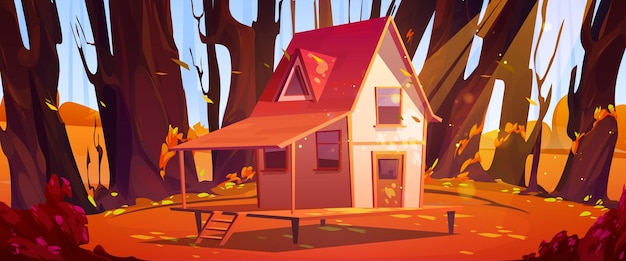 Free vector autumn forest landscape with rural house on glade