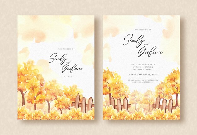 結婚式の招待状に秋の森の水彩画