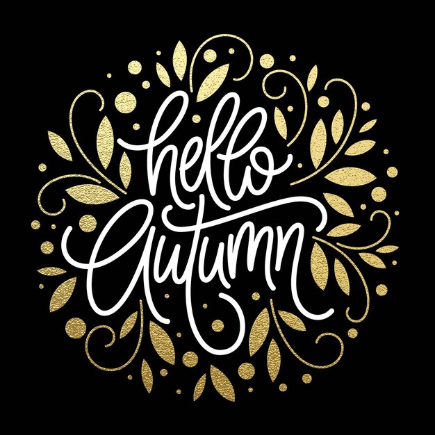 Autumn - Hand drawn vector typography with line leaf pattern in golden glitter color. Vector illustration EPS10