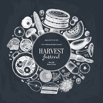 Autumn harvest festival  . traditional thanksgiving day menu on chalkboard. homemade food and drinks sketches. vintage wreath with hand drawn food, drinks, vegetables, fruits, flowers.