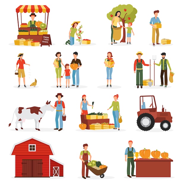Autumn harvest time on farm flat icons collection