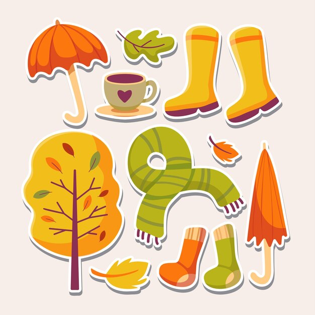 가을 아이콘 세트 떨어지는 낙엽 우산 스크랩북 카드 포스터 초대장 스티커 키트 벡터 일러스트 레이 션에 대한 완벽한 가을 시즌 요소