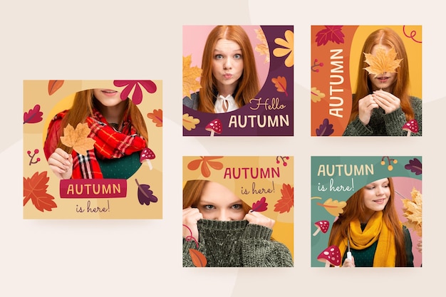 Free vector autumn instagram posts collection with photo