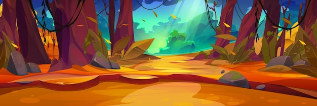 Free vector autumn jungle forest landscape with sun light ray