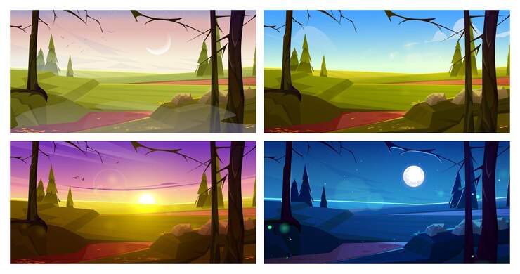 Free Vector autumn landscape with bare trees and firs at different time of day vector cartoon illustration of fall nature scene with coniferous trees on field in early morning night sunset and noon