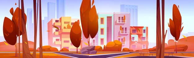 Autumn landscape with city park and eco houses with plants on balconies Vector cartoon illustration of cityscape with public garden modern buildings benches falling leaves orange trees and grass