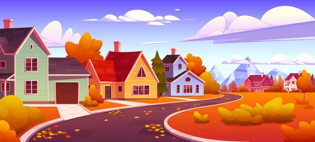 Осенний пейзаж с домами и горами