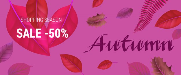 Осенние надписи на розовом фоне. Купюрный сезон продажа пятьдесят процентов надписей с листьями