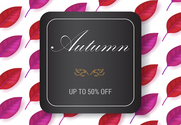 Autumn lettering in square frame with leaves pattern. Autumn offer or sale advertising 