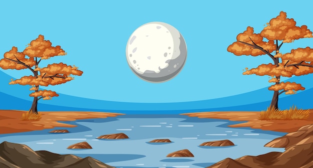 Vettore gratuito luna d'autunno sul fiume tranquillo