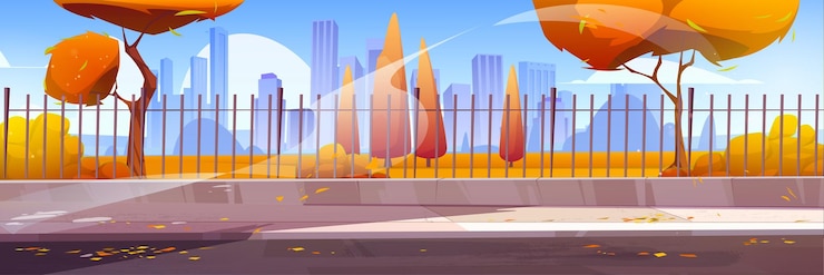 Free Vector autumn park behind metal fence road with sidewalk