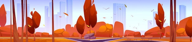 Free vector autumn park with trees and modern city on skyline