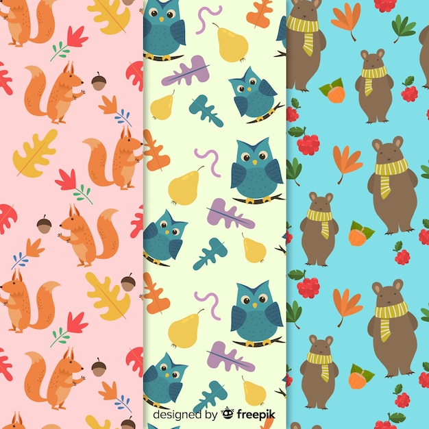 Free vector autumn pattern collection with cute animals in flat design