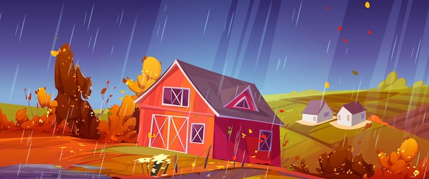 Free vector autumn rainy countryside landscape with farm barn