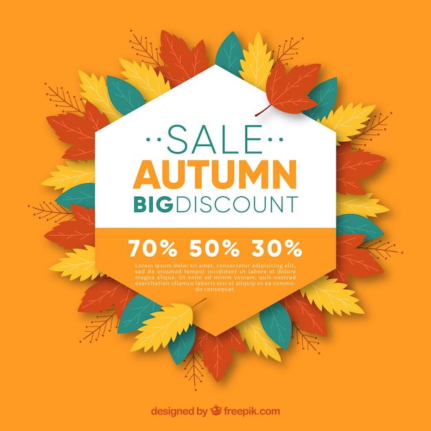 Autumn sale background with hexagon and leaves