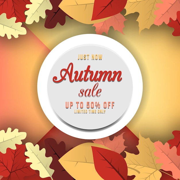 Autumn sale banner design with discount label in colorful autumn leaves background vector illustration