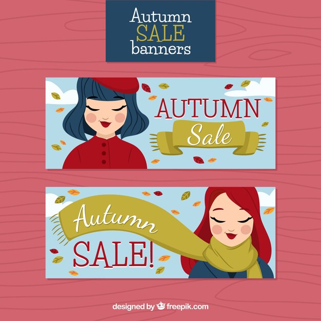 Autunno banner pubblicitari con donne smiley