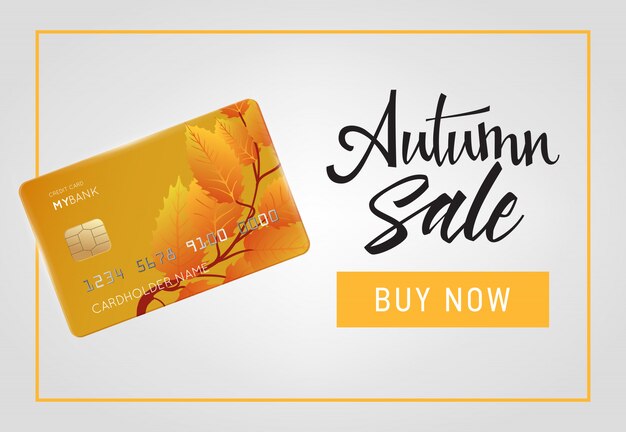 Autumn sale, buy now lettering with credit card in frame