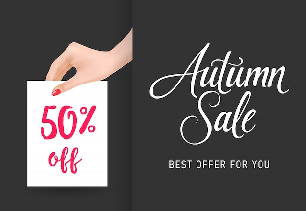 Осенняя распродажа, пятидесятипроцентная надпись с женской ручкой