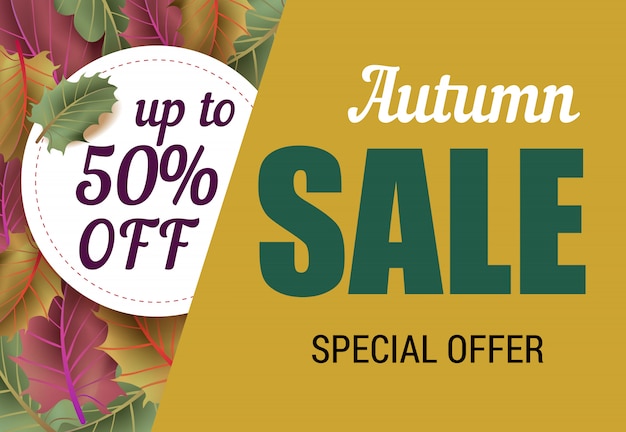 Iscrizione di vendita autunno con foglie. offerta autunnale o pubblicità pubblicitaria