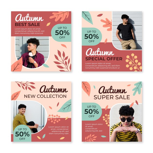 Free vector autumn sale instagram posts collection with photo