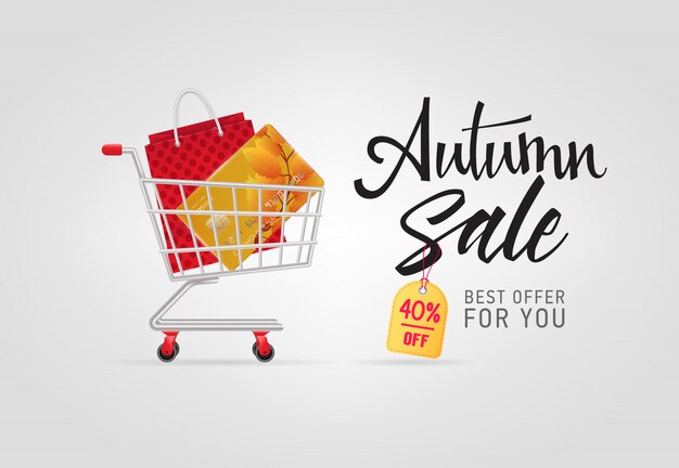Autumn sale lettering with bag and credit card in shopping cart