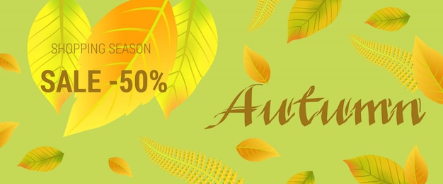 Autumn sale lettering with leaves. Shopping season sale fifty percent lettering 