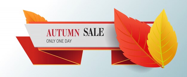 Осенняя распродажа, только однодневная надпись с яркими листьями. Осеннее предложение или продажа рекламы