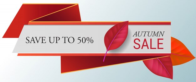 Autumn sale, save up to fifty percent lettering with red leaves. 
