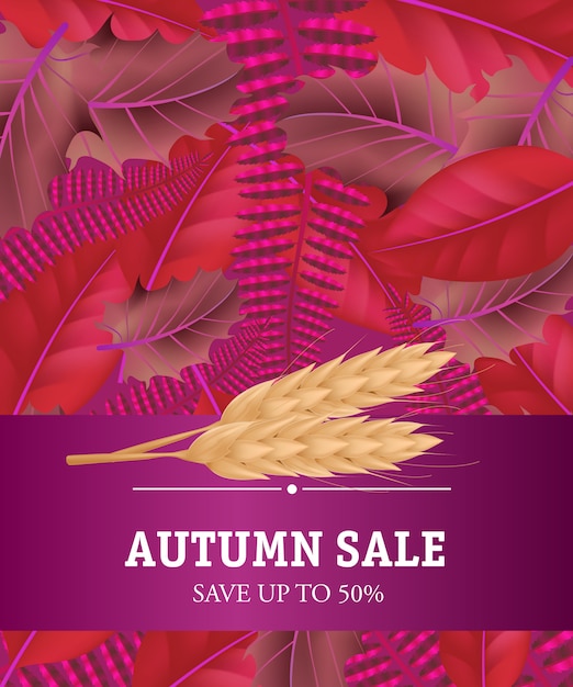 Осенняя распродажа сэкономьте до пятидесяти процентов надписей с растениями пшеницы. современная творческая надпись