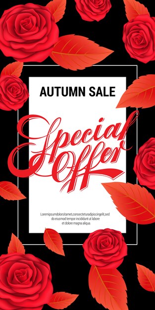 Autumn sale, special offer lettering with red leaves and roses. 