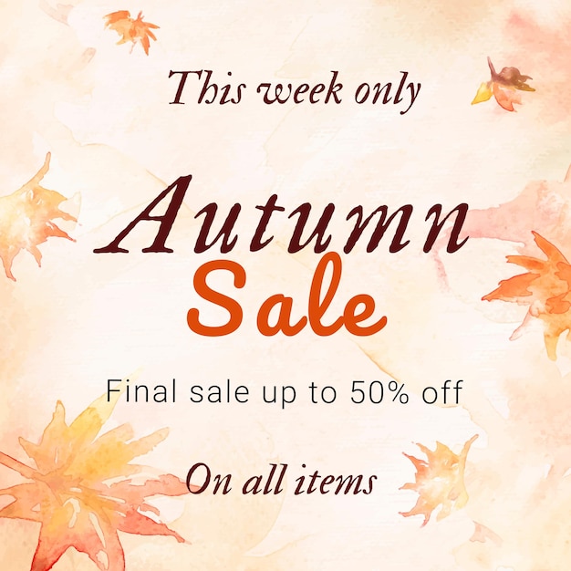 Free vector autumn sale watercolor template vector fashion social media ad