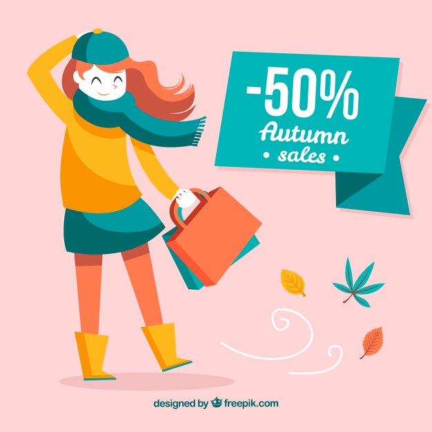 Autumn sale with woman in a windy day