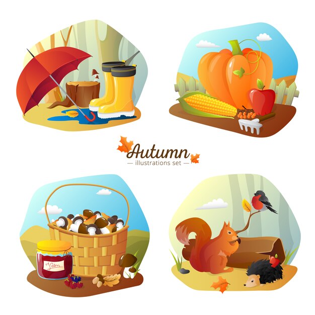 Autumn season 4 icons square poster with countryside harvest