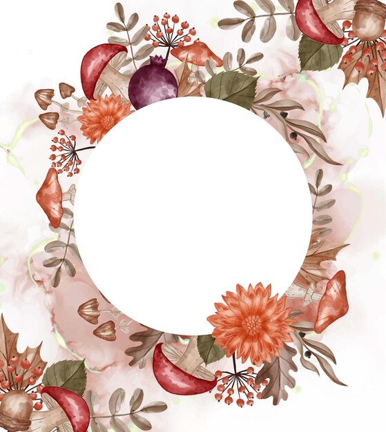 Autumn themed Watercolor frame background flower, leaves, and mushroom with white space