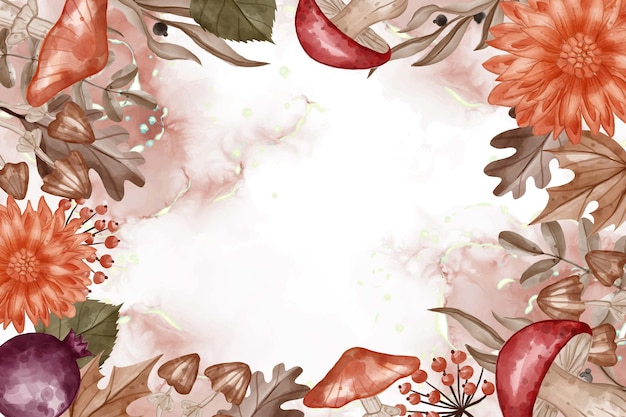 가을 테마 수채화 프레임 배경 꽃, 잎, 공백이 있는 버섯