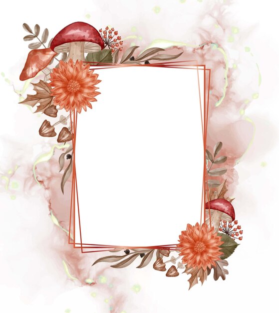 Autumn themed Watercolor frame background flower, leaves, and mushroom with white space