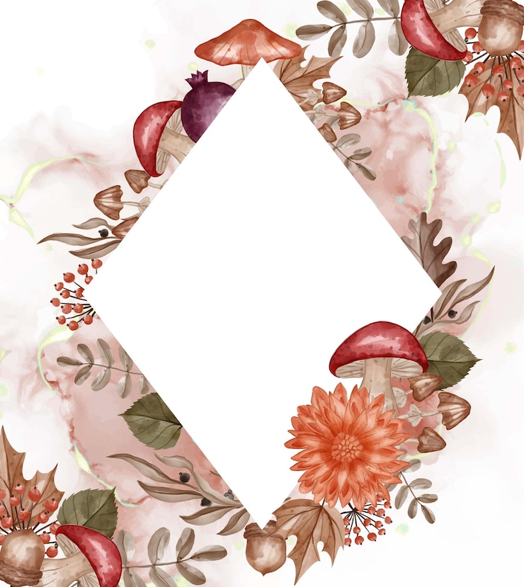 Free Vector autumn themed watercolor frame background flower, leaves, and mushroom with white space
