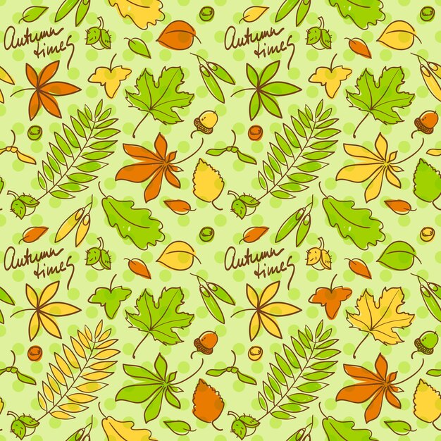Autumn times seamless background pattern with leaves and nuts in beautiful colors 