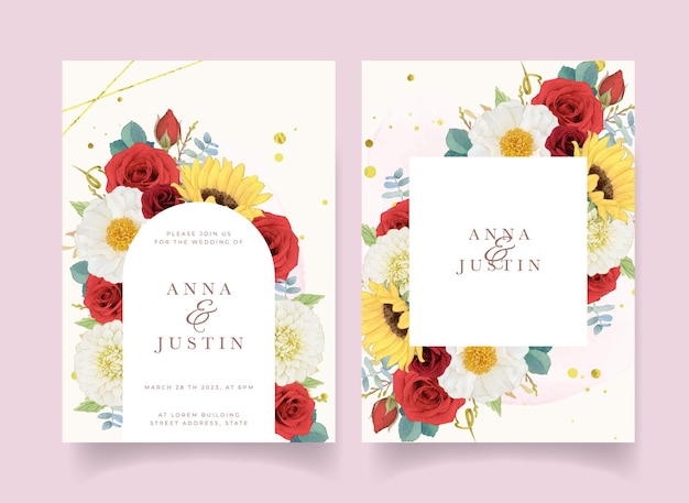 Autumn wedding invitation of watercolor sunflower dahlia and roses
